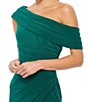 Color:Emerald - Image 3 - One Shoulder Cap Sleeve Ruched Thigh High Slit Faux Wrap Gown