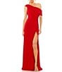 Color:Red - Image 1 - One Shoulder Cap Sleeve Ruched Thigh High Slit Faux Wrap Gown