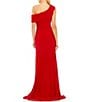 Color:Red - Image 2 - One Shoulder Cap Sleeve Ruched Thigh High Slit Faux Wrap Gown