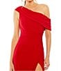 Color:Red - Image 3 - One Shoulder Cap Sleeve Ruched Thigh High Slit Faux Wrap Gown