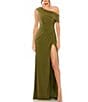 Color:Olive - Image 1 - One Shoulder Cap Sleeve Ruched Thigh High Slit Faux Wrap Gown