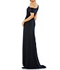 Color:Navy - Image 2 - One Shoulder Cap Sleeve Ruched Thigh High Slit Faux Wrap Gown