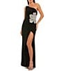 Mac Duggal One Shoulder Formal Gown with Slit and Flower Applique, Color:Black - Image 1
