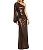 Mac Duggal One Shoulder Long Sleeve Gathered Metallic Knit Gown - Image 1