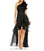 Color:Black - Image 1 - One Shoulder Ruffled High-Low Hem Tiered Gown