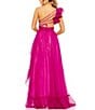 Mac Duggal One Shoulder Ruffle Sleeveless Cut Out Asymmetrical Hem High-Low Gown, Color:Magenta - Image 2
