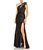 Mac Duggal One Shoulder Sequin Bow Cut Out Back Satin Trumpet Gown, Color:Black - Image 1