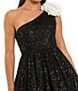 Mac Duggal One Shoulder Sequin Mini Dress With 3D Flower, Color:Black Ivory - Image 3