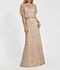 Color:Nude Gold - Image 1 - Pearl Sequin Beaded Mesh Boat Neck Short Flutter Sleeve Shawl Gown