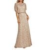 Color:Nude Gold - Image 1 - Pearl Sequin Beaded Mesh Boat Neck Short Flutter Sleeve Shawl Gown