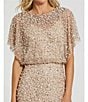 Color:Nude Gold - Image 3 - Pearl Sequin Beaded Mesh Boat Neck Short Flutter Sleeve Shawl Gown
