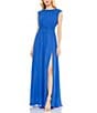 Color:Cobalt - Image 1 - Pleated Boat Neck Chiffon A-Line Gown