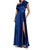 Mac Duggal Pleated Charmeuse One Shoulder Sleeveless Ruffle Trim Side Slit Gown, Color:Cobalt - Image 1