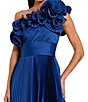 Mac Duggal Pleated Charmeuse One Shoulder Sleeveless Ruffle Trim Side Slit Gown, Color:Cobalt - Image 3