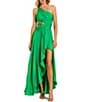 Color:Spring Green - Image 1 - Pleated Charmeuse One Shoulder Sleeveless Side Cut-Out Front Slit Gown
