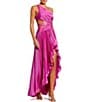 Color:Fuchsia - Image 1 - Pleated Charmeuse One Shoulder Sleeveless Side Cut-Out Front Slit Gown