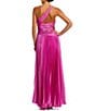 Color:Fuchsia - Image 2 - Pleated Charmeuse One Shoulder Sleeveless Side Cut-Out Front Slit Gown