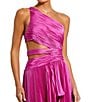 Color:Fuchsia - Image 3 - Pleated Charmeuse One Shoulder Sleeveless Side Cut-Out Front Slit Gown