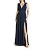 Mac Duggal Pleated Chiffon V-Neck Ruffle Sleeveless A-Line Gown, Color:Navy - Image 1