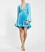 Color:Turquoise - Image 1 - Pleated Deep V-Neck Long Wide Sleeve Side Cutout Mini Dress