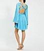 Color:Turquoise - Image 2 - Pleated Deep V-Neck Long Wide Sleeve Side Cutout Mini Dress