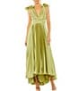 Color:Apple Green - Image 1 - Pleated Deep V-Neck Sleeveless Shoulder Detail Asymmetrical Hem Gown
