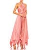 Color:Rose Pink - Image 1 - Pleated Halter Neck Cut-Out Front Back Detail Sleeveless Asymmetrical Hem Gown