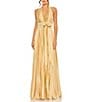 Mac Duggal Pleated Halter Neck Sleeveless Center Bow Gown, Color:Gold - Image 1