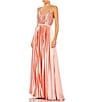 Color:Rose/Gold - Image 1 - Pleated Satin Plunge V-Neck Sleeveless Open Back Detail A-Line Gown