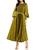 Mac Duggal Pleated Satin Round Neck Long Balloon Sleeve Dress, Color:Olive - Image 1