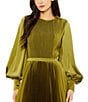 Mac Duggal Pleated Satin Round Neck Long Balloon Sleeve Dress, Color:Olive - Image 3