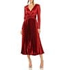 Mac Duggal Pleated Satin V-Neck Long Sleeve Fit and Flare Midi Dress, Color:Red - Image 1