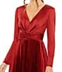 Mac Duggal Pleated Satin V-Neck Long Sleeve Fit and Flare Midi Dress, Color:Red - Image 3
