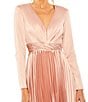 Color:Rose - Image 3 - Pleated Satin V-Neck Long Sleeve Fit and Flare Midi Dress