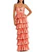Mac Duggal Pleated Strapless Cut Out Tiered Ruffle Charmeuse Satin Column Gown, Color:Terra Cotta - Image 1