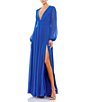 Color:Royal Blue - Image 1 - Plunge V-Neck Illusion Long Blouson Sleeve Thigh High Slit Gown