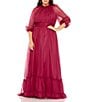 Color:Crimson - Image 1 - Plus Size 3/4 Puff Sleeve High Neck Tiered Gown