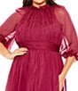 Color:Crimson - Image 2 - Plus Size 3/4 Puff Sleeve High Neck Tiered Gown