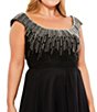 Color:Black - Image 3 - Plus Size Beaded Square Neck Cap Sleeve A-Line Gown