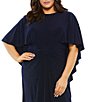 Color:Navy - Image 3 - Plus Size Jersey Crew Neck Ruched Waist Short Capelet Sleeve A-Line Gown