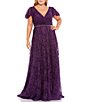 Color:Aubergine - Image 1 - Plus Size Lace Short Flutter Sleeve V-Neck A-Line Gown