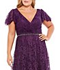 Color:Aubergine - Image 3 - Plus Size Lace Short Flutter Sleeve V-Neck A-Line Gown
