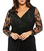 Color:Black - Image 3 - Plus Size Long Embellished Illusion Sleeve V-Neck Twist Front Jersey Gown