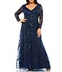 Color:Midnight - Image 1 - Plus Size Sequin Long Sheer Sleeve V-Neck Beaded Waist A-Line Gown