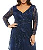 Color:Midnight - Image 3 - Plus Size Sequin Long Sheer Sleeve V-Neck Beaded Waist A-Line Gown