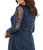 Color:Midnight - Image 4 - Plus Size Sequin Long Sheer Sleeve V-Neck Beaded Waist A-Line Gown