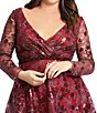 Color:Burgundy - Image 3 - Plus Size Sequin V-Neck Sheer Long Sleeve Empire Waist Fit and Flare Gown