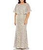 Color:Platinum - Image 1 - Plus Size Short Sleeve Embellished Cape Gown