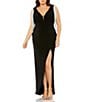 Color:Black - Image 1 - Plus Size Sleeveless V-Neck Leg Slit Fringe Detail Chiffon Gown