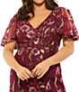 Color:Cranberry - Image 3 - Plus Size V-Neck Short Sleeve Floral Embellished Illusion Mermaid Gown